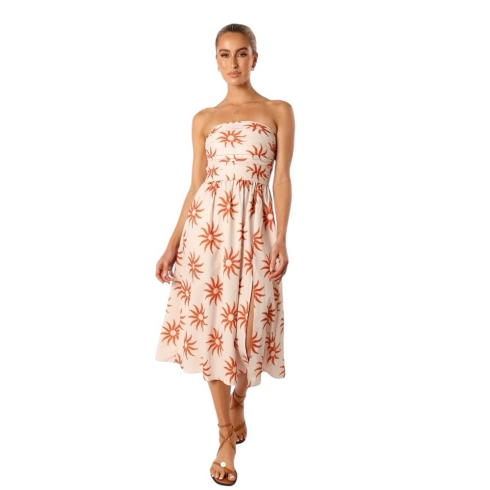 Petal & Pup Strapless Midi Dress in Cream with Rust Starburst Print